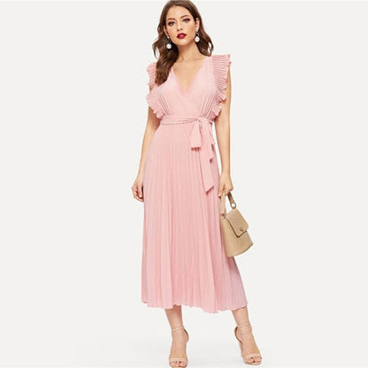 Soild Ruffle Trim Wrap Knot Summer Dress With Belt Women Clothes A Line High Waist Maxi Dress Ladies Pleated Dresses
