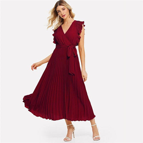 Soild Ruffle Trim Wrap Knot Summer Dress With Belt Women Clothes A Line High Waist Maxi Dress Ladies Pleated Dresses