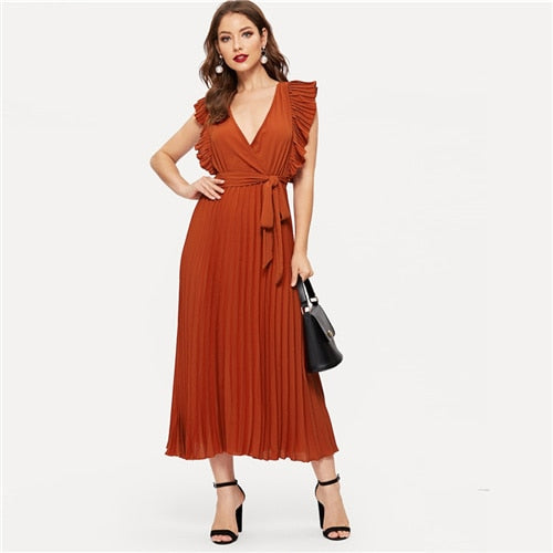 Soild Ruffle Trim Wrap Knot Summer Dress With Belt Women Clothes A Line High Waist Maxi Dress Ladies Pleated Dresses