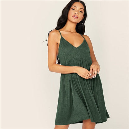 Solid Criss-cross High Waist Slip Cami Dress Women Summer Deep V Neck Pleated Hem Fit and Flare Casual Short Dresses