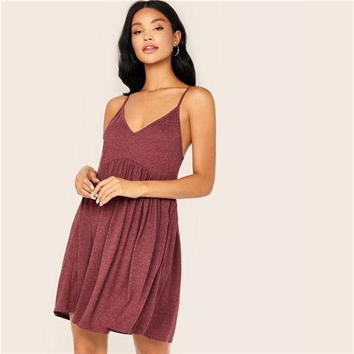 Solid Criss-cross High Waist Slip Cami Dress Women Summer Deep V Neck Pleated Hem Fit and Flare Casual Short Dresses