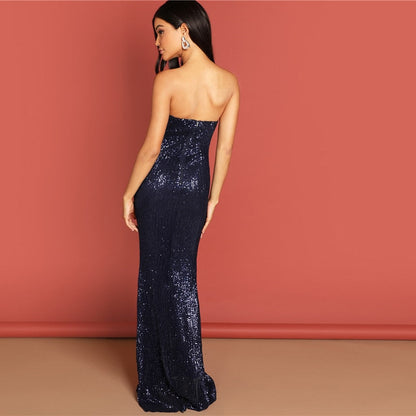 Navy Elegant Sequin Mesh Strapless Bodycon Evening Gown High Waist Zipper Back Solid Summer Women Party Dresses