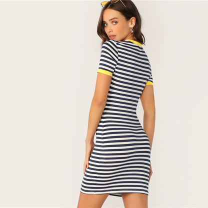 Pocket Patched Striped Ringer Tshirt Casual Dress Women Short Sleeve Preppy Round Neck Summer Dress Slim Bodycon Dresses