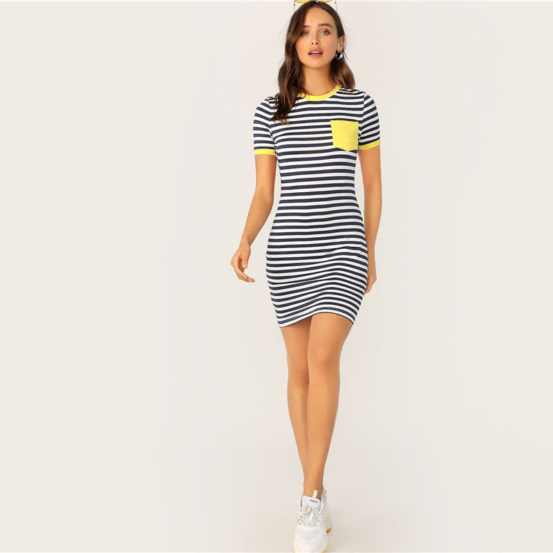 Pocket Patched Striped Ringer Tshirt Casual Dress Women Short Sleeve Preppy Round Neck Summer Dress Slim Bodycon Dresses