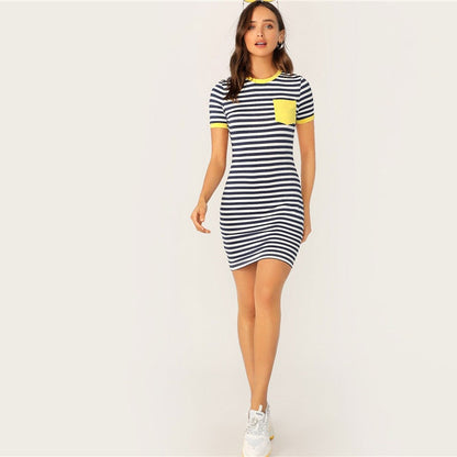 Pocket Patched Striped Ringer Tshirt Casual Dress Women Short Sleeve Preppy Round Neck Summer Dress Slim Bodycon Dresses