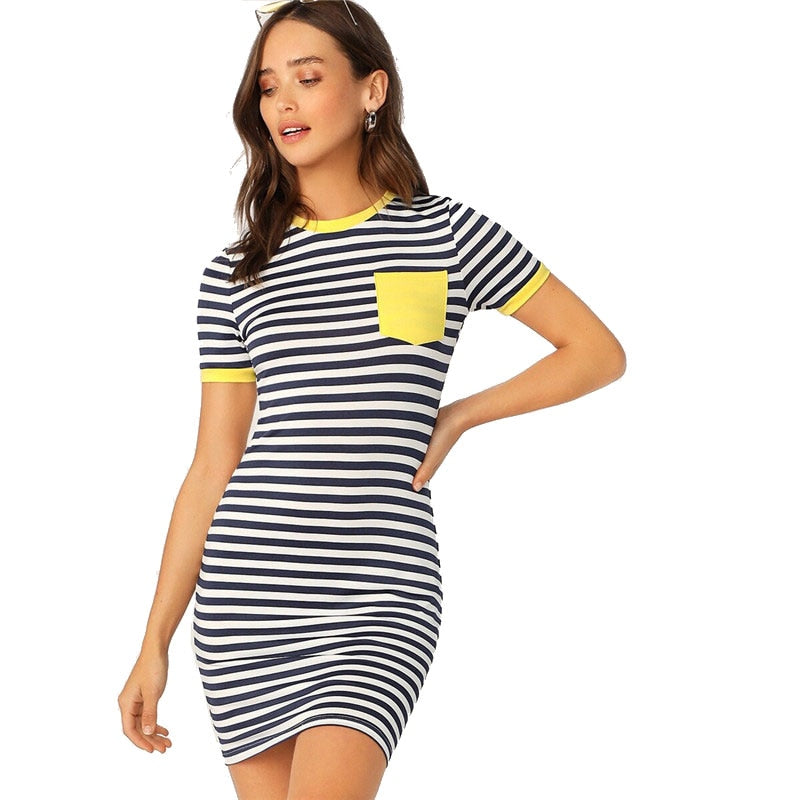Pocket Patched Striped Ringer Tshirt Casual Dress Women Short Sleeve Preppy Round Neck Summer Dress Slim Bodycon Dresses
