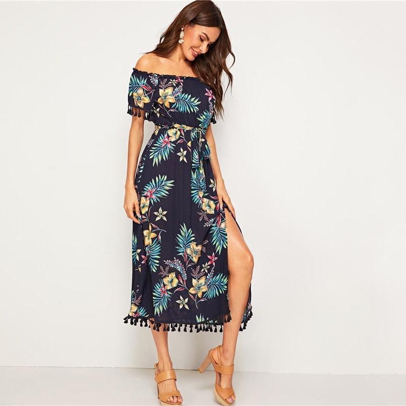 Navy Tropical Print Tassel Trim Split Thigh Belted Bardot Dress Women Summer Off the Shoulder High Waist Boho Long Dresses