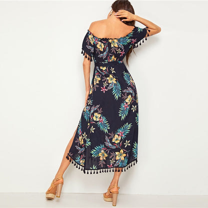 Navy Tropical Print Tassel Trim Split Thigh Belted Bardot Dress Women Summer Off the Shoulder High Waist Boho Long Dresses