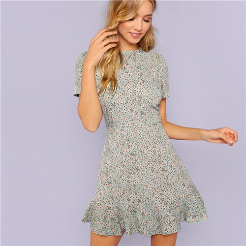 Multicolor Allover Floral Print Ruffle Hem Textured Dress Elegant Casual Fit and Flare Dresses Women A Line Summer Dress