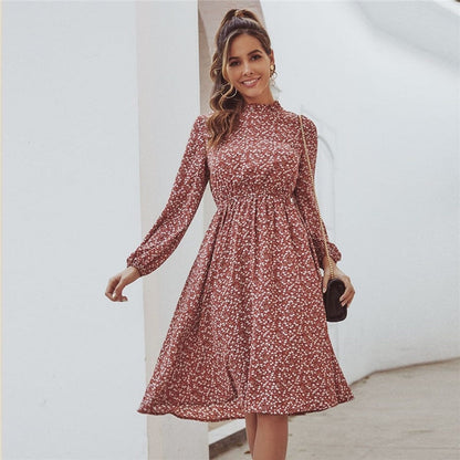 Red Ditsy Floral Print Stand Collar Casual Dress Women Spring High Waist Bishop Sleeve A Line Frill Midi Dresses
