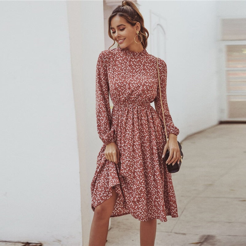 Red Ditsy Floral Print Stand Collar Casual Dress Women Spring High Waist Bishop Sleeve A Line Frill Midi Dresses
