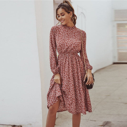 Red Ditsy Floral Print Stand Collar Casual Dress Women Spring High Waist Bishop Sleeve A Line Frill Midi Dresses