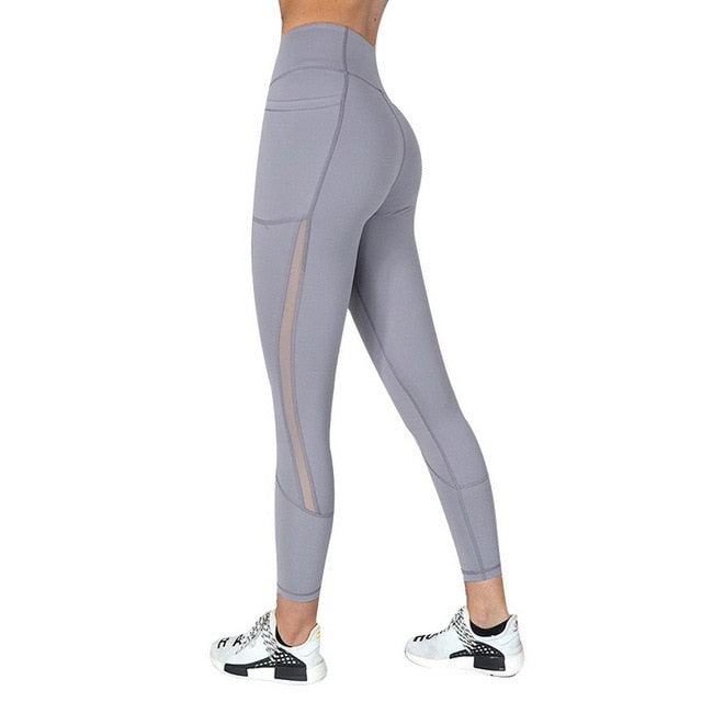 Full Length Workout Leggings With Pocket Women High Waist Mesh Patchwork Yoga Pants Fitness Gym Exercise Sport Pants