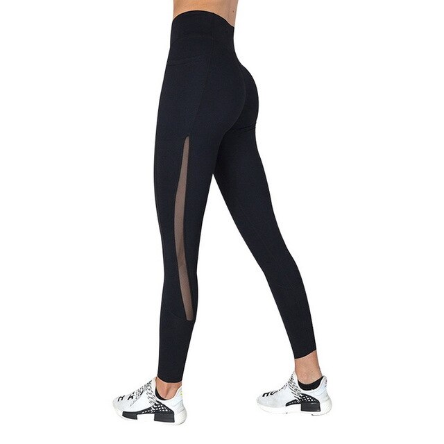 Full Length Workout Leggings With Pocket Women High Waist Mesh Patchwork Yoga Pants Fitness Gym Exercise Sport Pants