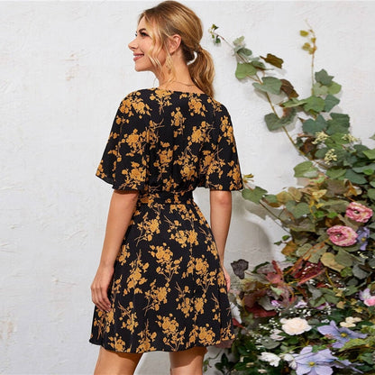 Multicolor Bell Sleeve Belted Floral Print Dress Women Summer High Waist V Neck A Line Flared Boho Mini Dresses