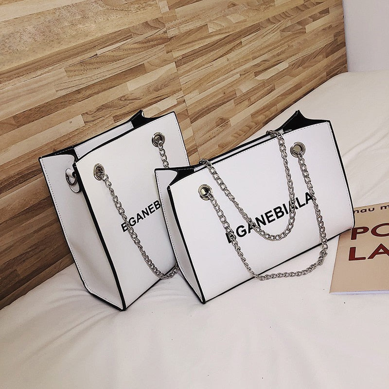 Fashion Women Bags Shoulder Crossbody Hand Long Chain Letter Printed Club Bucket Bag Girls Teenagers Handbag Female Luxury Tote