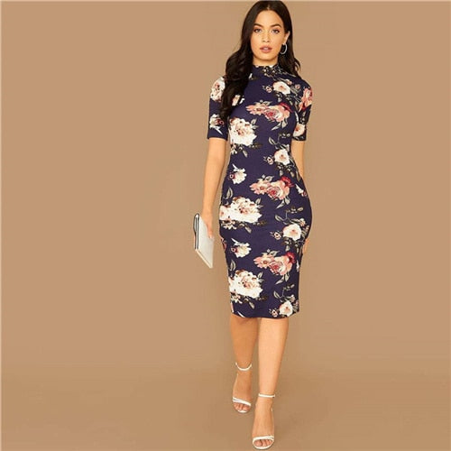 Navy Floral Print Stand Collar Elegant Bodycon Dress Women Autumn Short Sleeve Form Fitted Midi Pencil Dresses