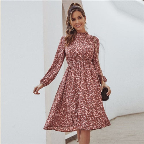 Red Ditsy Floral Print Stand Collar Casual Dress Women Spring High Waist Bishop Sleeve A Line Frill Midi Dresses