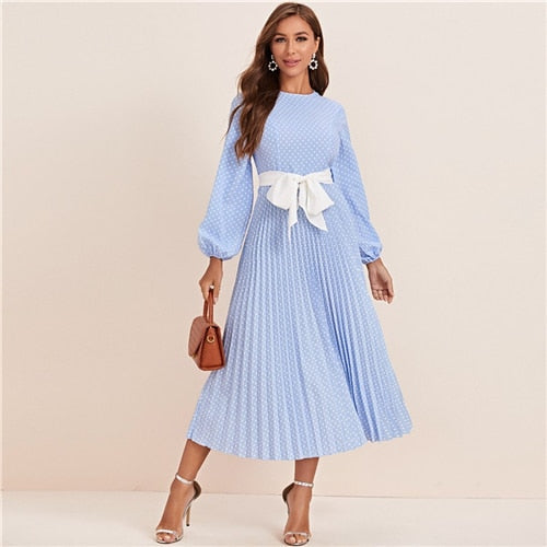 Abaya Blue Lantern Sleeve Polka Dot Pleated Dress With Belt Women Spring A Line Elegant High Waist Long Dresses