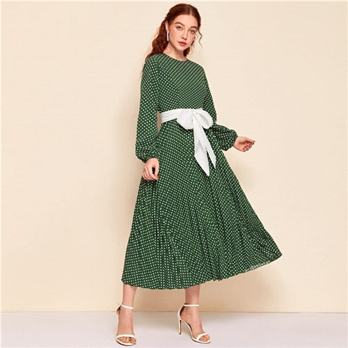 Abaya Blue Lantern Sleeve Polka Dot Pleated Dress With Belt Women Spring A Line Elegant High Waist Long Dresses