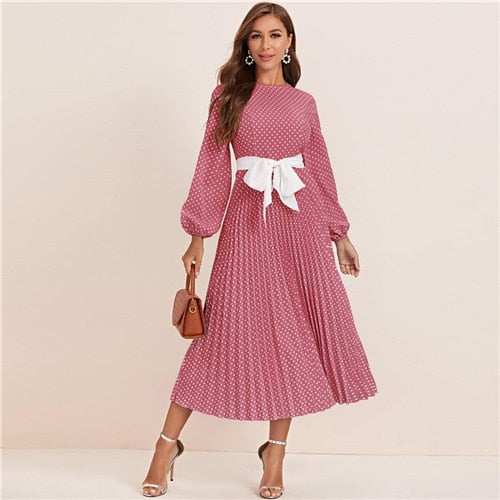Abaya Blue Lantern Sleeve Polka Dot Pleated Dress With Belt Women Spring A Line Elegant High Waist Long Dresses