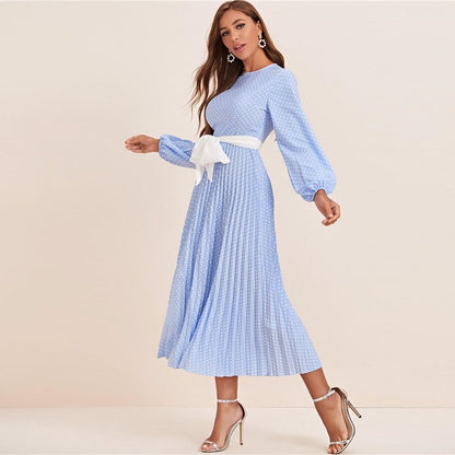 Abaya Blue Lantern Sleeve Polka Dot Pleated Dress With Belt Women Spring A Line Elegant High Waist Long Dresses
