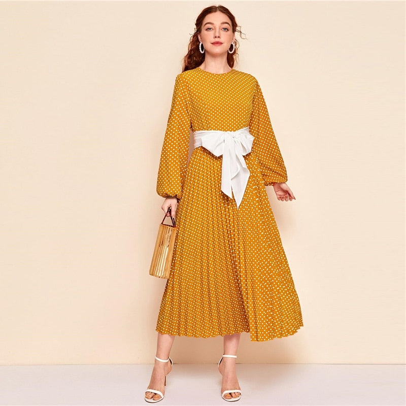 Abaya Blue Lantern Sleeve Polka Dot Pleated Dress With Belt Women Spring A Line Elegant High Waist Long Dresses