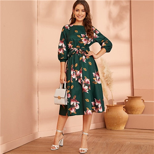 Green Abaya Elastic Waist Belted Floral High Waist Dress Women Spring Autumn Bishop Sleeve Flared Elegant Long Dresses