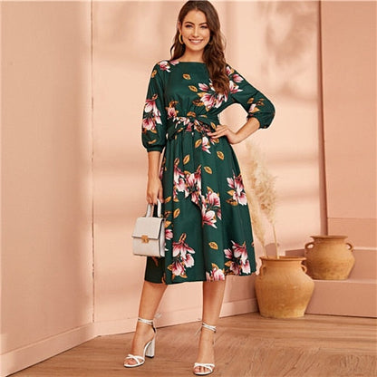 Green Abaya Elastic Waist Belted Floral High Waist Dress Women Spring Autumn Bishop Sleeve Flared Elegant Long Dresses