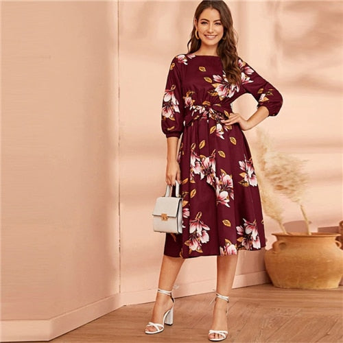 Green Abaya Elastic Waist Belted Floral High Waist Dress Women Spring Autumn Bishop Sleeve Flared Elegant Long Dresses