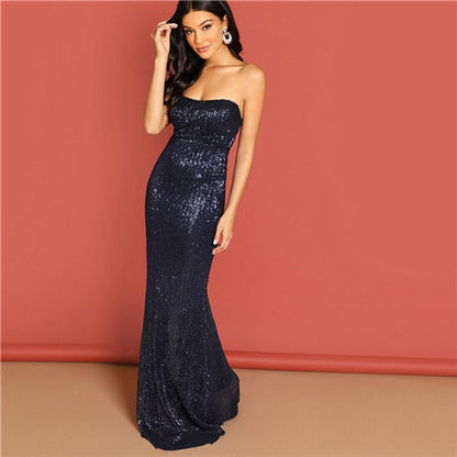 Navy Elegant Sequin Mesh Strapless Bodycon Evening Gown High Waist Zipper Back Solid Summer Women Party Dresses