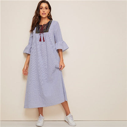 Tassel Tie Neck Embroidered Yoke Boho Striped Dress Women Summer Holiday Drop Waist Flounce Sleeve A Line Long Dresses