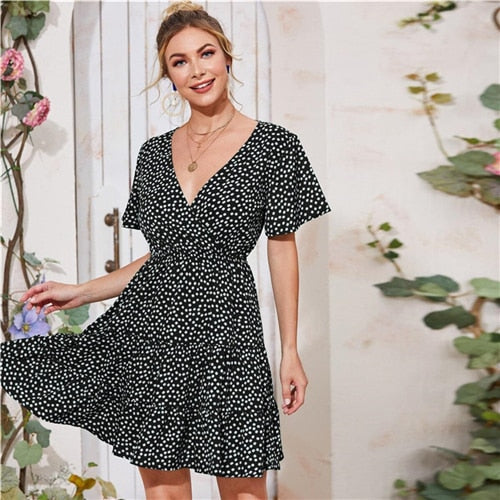 Green Ditsy Floral Surplice Front Ruffle Hem Dress Women V Neck Short Sleeve Summer Boho High Waist Short A Line Dresses