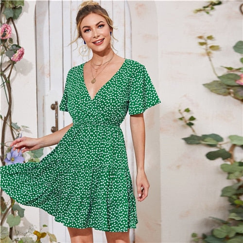 Green Ditsy Floral Surplice Front Ruffle Hem Dress Women V Neck Short Sleeve Summer Boho High Waist Short A Line Dresses