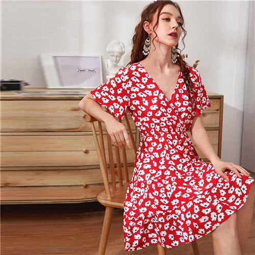 Green Ditsy Floral Surplice Front Ruffle Hem Dress Women V Neck Short Sleeve Summer Boho High Waist Short A Line Dresses