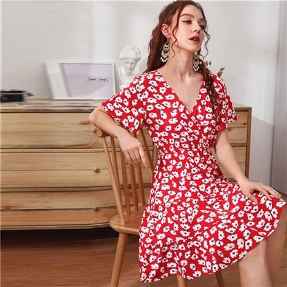 Green Ditsy Floral Surplice Front Ruffle Hem Dress Women V Neck Short Sleeve Summer Boho High Waist Short A Line Dresses
