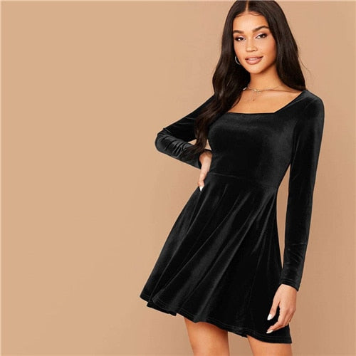Solid Square Neck Flared Elegant Velvet Dress Women Spring High Waist Long Sleeve Ladies Fit And Flare Party Short Dresses