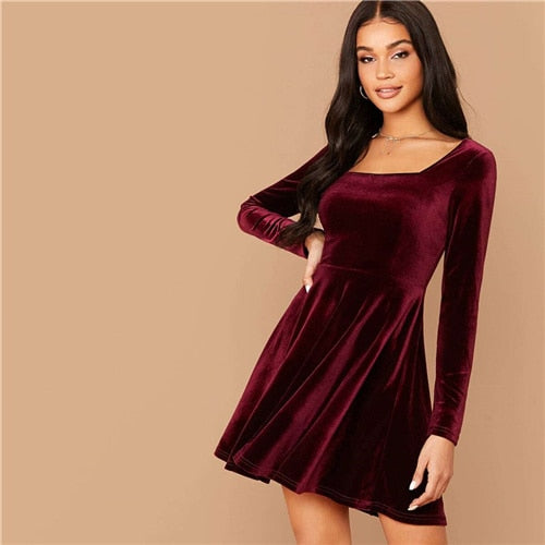 Solid Square Neck Flared Elegant Velvet Dress Women Spring High Waist Long Sleeve Ladies Fit And Flare Party Short Dresses