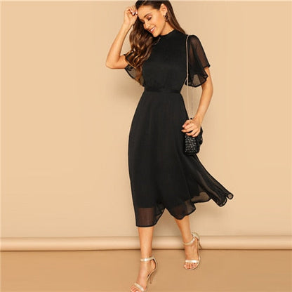 Glamorous Black Mock-neck Knot Back Sheer Panel Dress Spring A Line Butterfly Sleeve Stand Collar Elegant Dresses