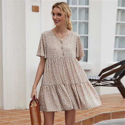 Khaki Allover Print Flutter Sleeve Buttoned Babydoll Dress Women Summer High Waist Loose Cute Smock Short Dresses