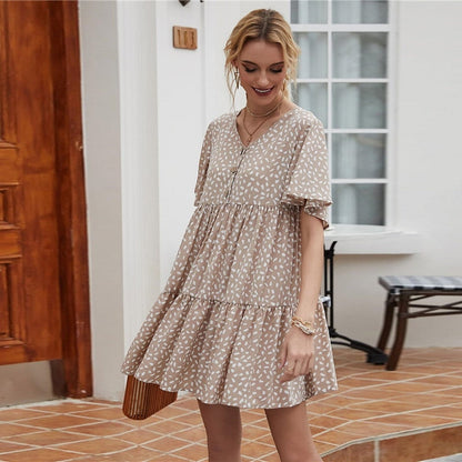 Khaki Allover Print Flutter Sleeve Buttoned Babydoll Dress Women Summer High Waist Loose Cute Smock Short Dresses