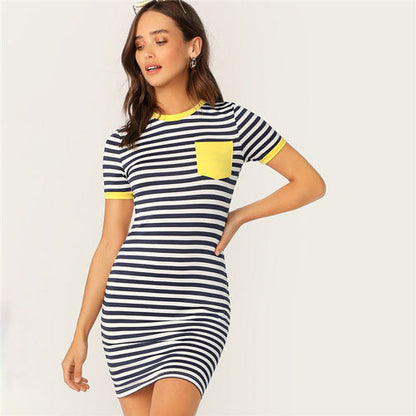 Pocket Patched Striped Ringer Tshirt Casual Dress Women Short Sleeve Preppy Round Neck Summer Dress Slim Bodycon Dresses