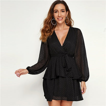 Purple Deep V Neck Double Layer Hem Swiss Dot Dress Women Autumn Bishop Sleeve Sexy Ladies Belted Short Dresses