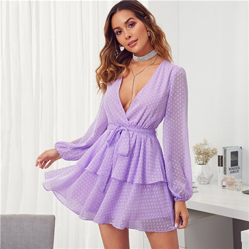 Purple Deep V Neck Double Layer Hem Swiss Dot Dress Women Autumn Bishop Sleeve Sexy Ladies Belted Short Dresses