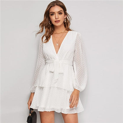 Purple Deep V Neck Double Layer Hem Swiss Dot Dress Women Autumn Bishop Sleeve Sexy Ladies Belted Short Dresses