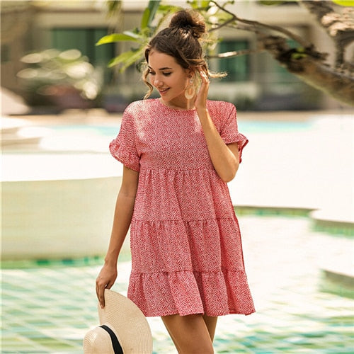 Red Ditsy Floral Print Ruffle Hem Smock Dress Women Summer O-neck Ruffle Hem Loose Boho Cute Mini Chiffon Dresses