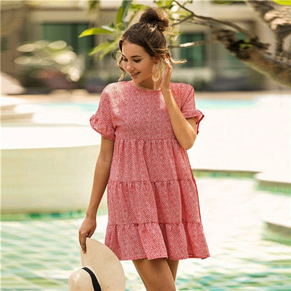 Red Ditsy Floral Print Ruffle Hem Smock Dress Women Summer O-neck Ruffle Hem Loose Boho Cute Mini Chiffon Dresses