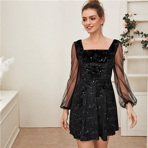 Galaxy Print Contrast Sheer Mesh Sleeve Christmas Velvet Dress Women Spring Square Neck A Line Party Short Flared Dresses