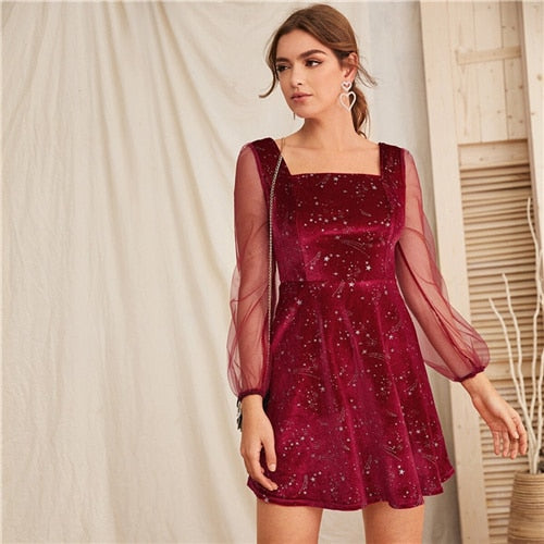 Galaxy Print Contrast Sheer Mesh Sleeve Christmas Velvet Dress Women Spring Square Neck A Line Party Short Flared Dresses