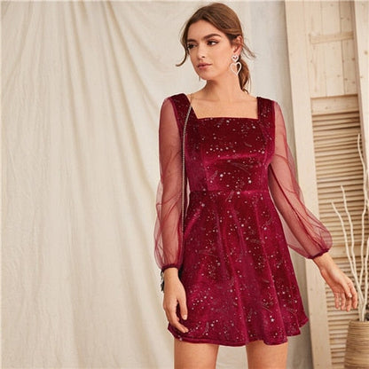 Galaxy Print Contrast Sheer Mesh Sleeve Christmas Velvet Dress Women Spring Square Neck A Line Party Short Flared Dresses